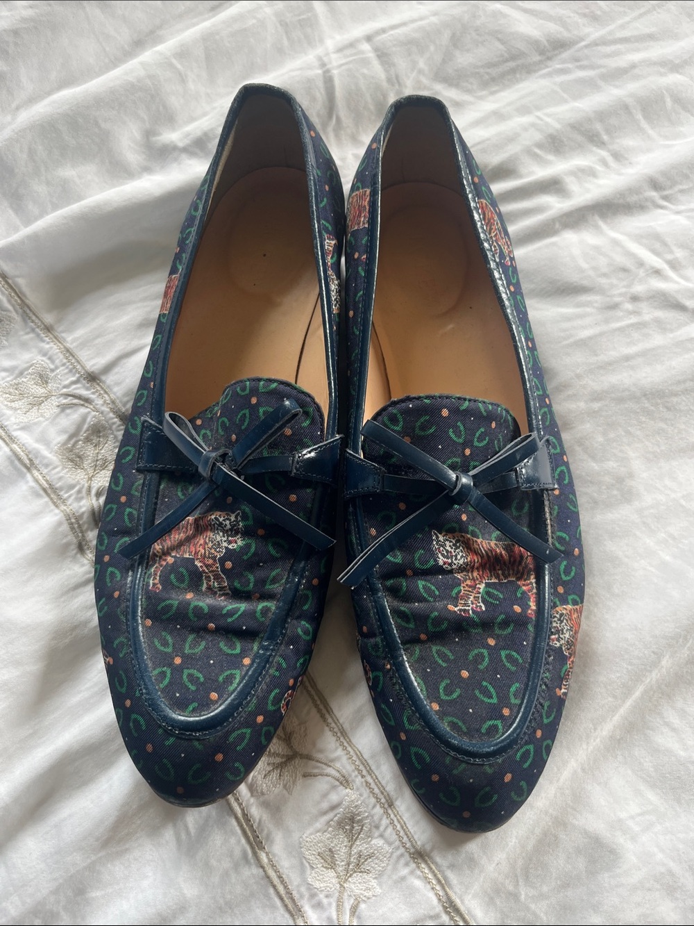 Women’s Navy Printed Loafers with Bow Detail